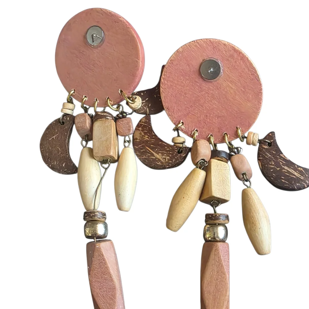 Vintage Pink & Wood Bead Dangle Earrings